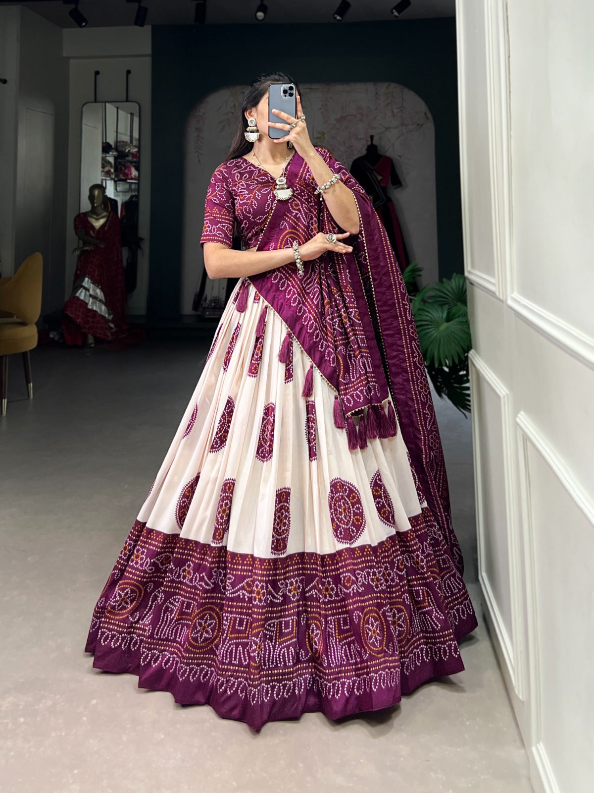 Elegant Bandhej Print Tasar Silk Lehenga Choli Set with Printed Dupatta