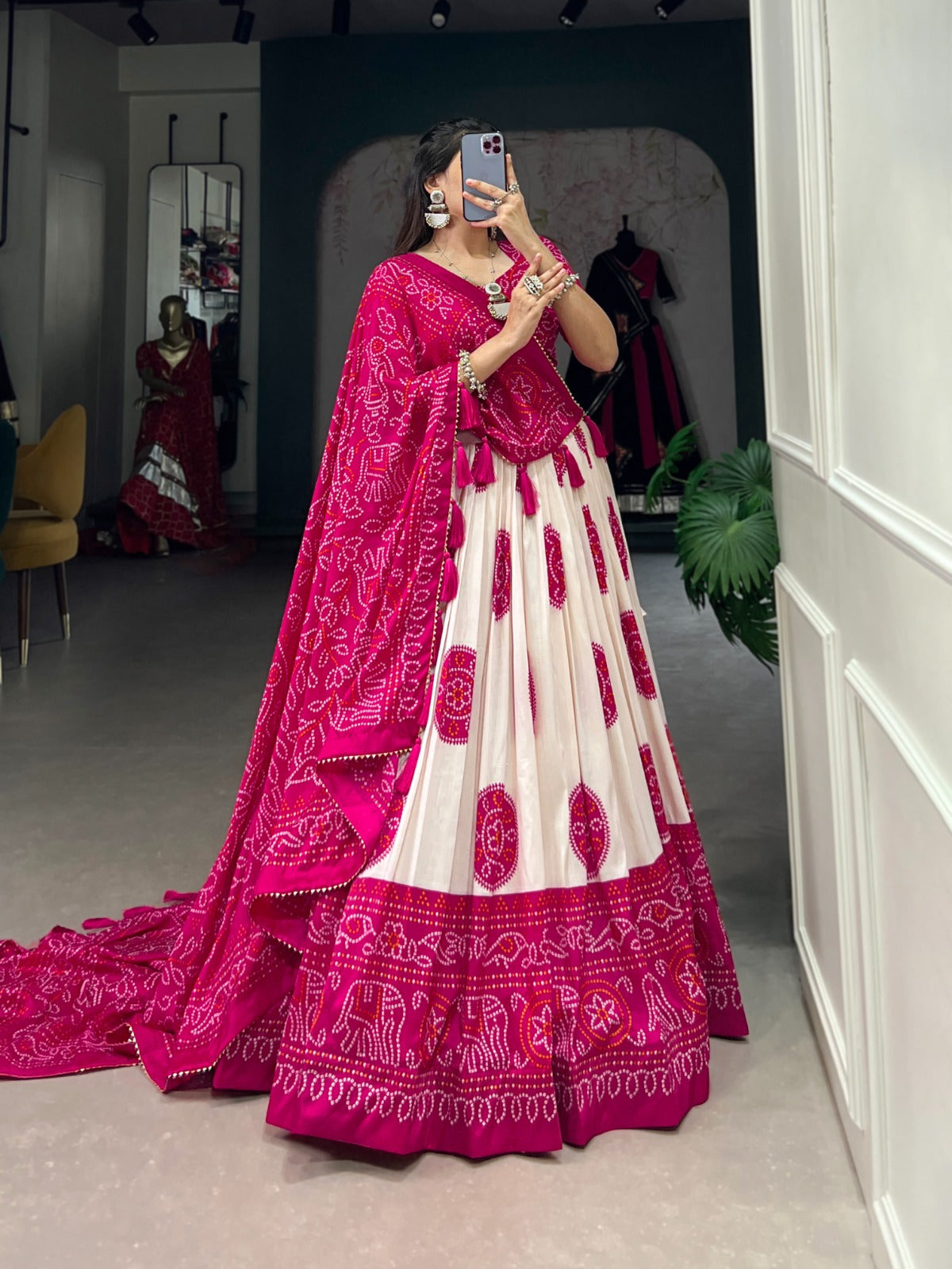 Elegant Bandhej Print Tasar Silk Lehenga Choli Set with Printed Dupatta