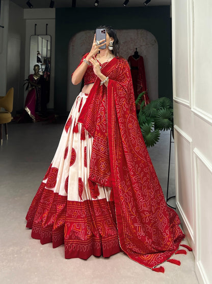 Elegant Bandhej Print Tasar Silk Lehenga Choli Set with Printed Dupatta
