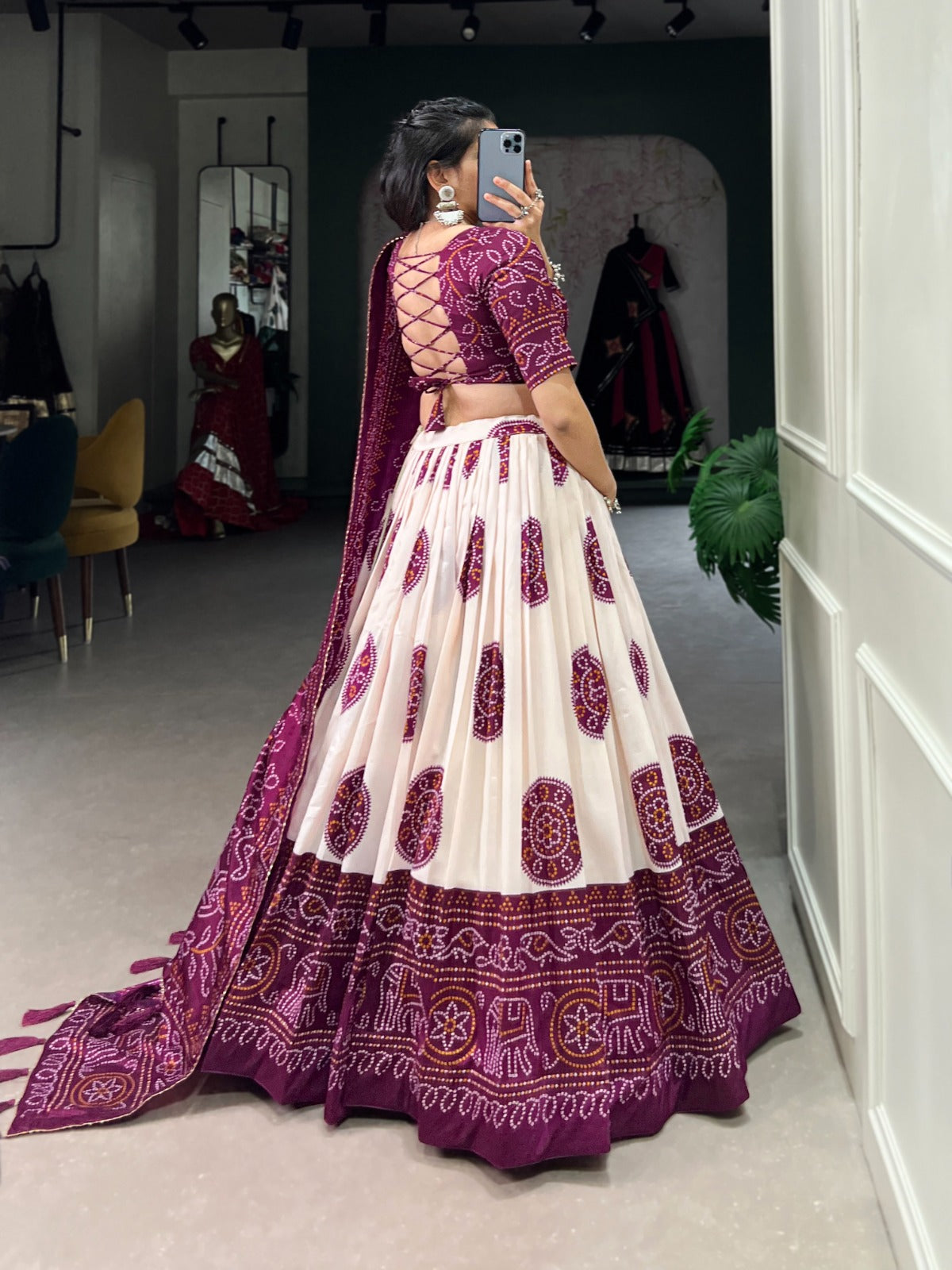 Elegant Bandhej Print Tasar Silk Lehenga Choli Set with Printed Dupatta
