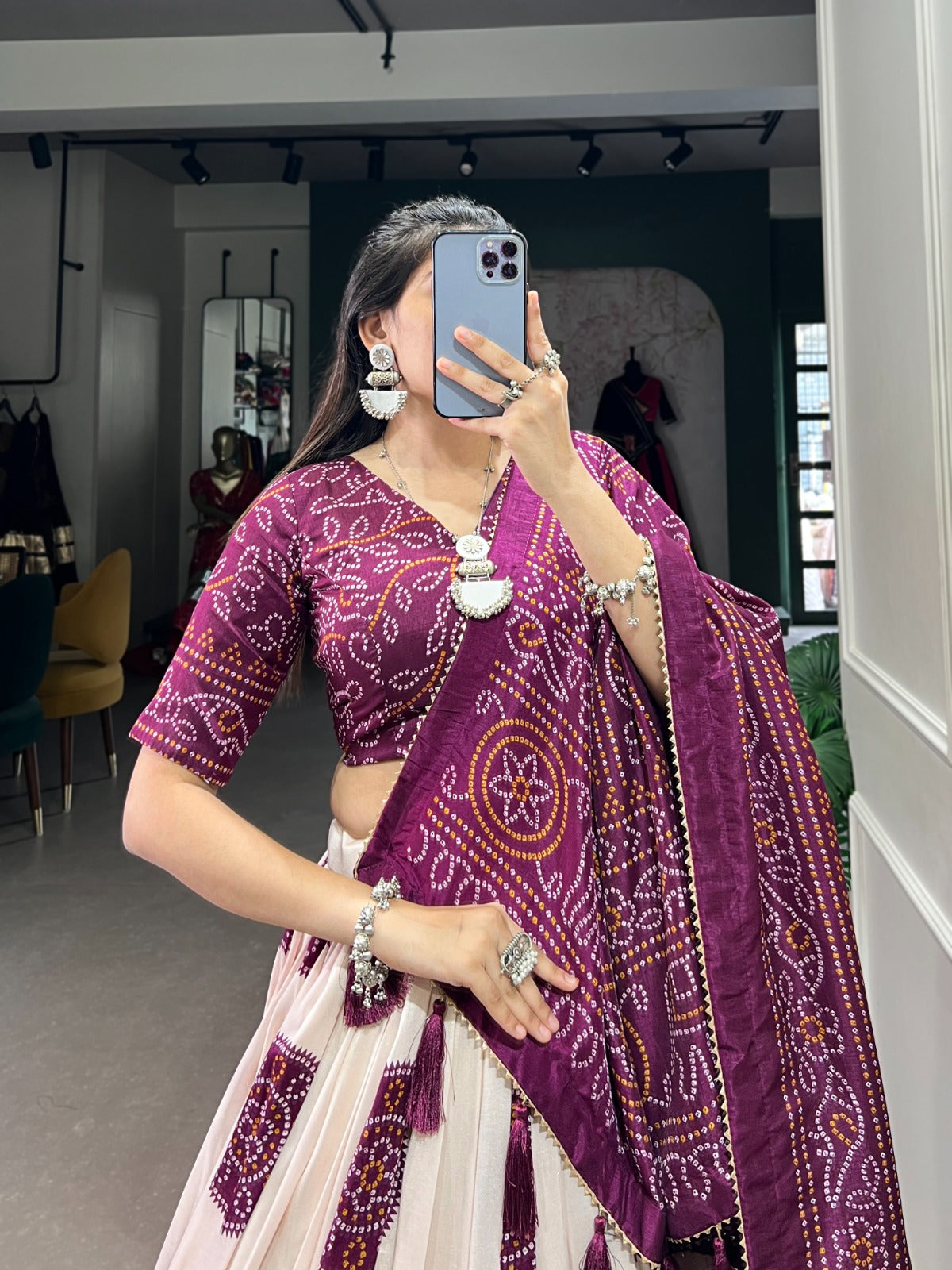 Elegant Bandhej Print Tasar Silk Lehenga Choli Set with Printed Dupatta