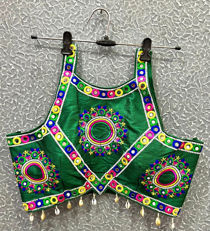 Sleeveless Mirror work Embroidered Blouse with Cowrie Shell work
