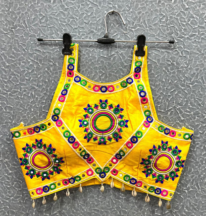 Sleeveless Mirror work Embroidered Blouse with Cowrie Shell work