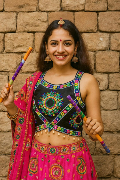 Sleeveless Mirror work Embroidered Blouse with Cowrie Shell work