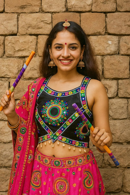 Sleeveless Mirror work Embroidered Blouse with Cowrie Shell work