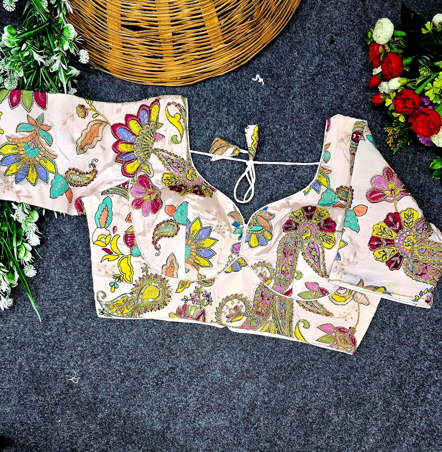 Crepe Viscose Pojisan Embroidered Partywear Blouse for Women