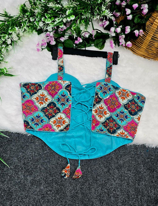 Crepe Viscose Position Print With Embroidered Work Sleeveless Blouse Sweetheart Neck Top Tunic