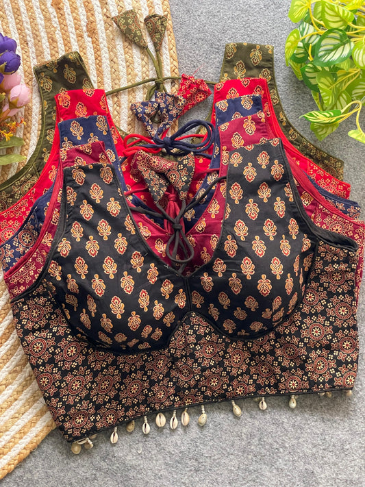 Ajrakh Print Cotton Blouse with Kodi Work – Back Hook & Dori Tie-Up