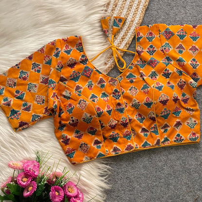 Cotton Printed Padded Designer Blouse – Front Open with Hook & Dori