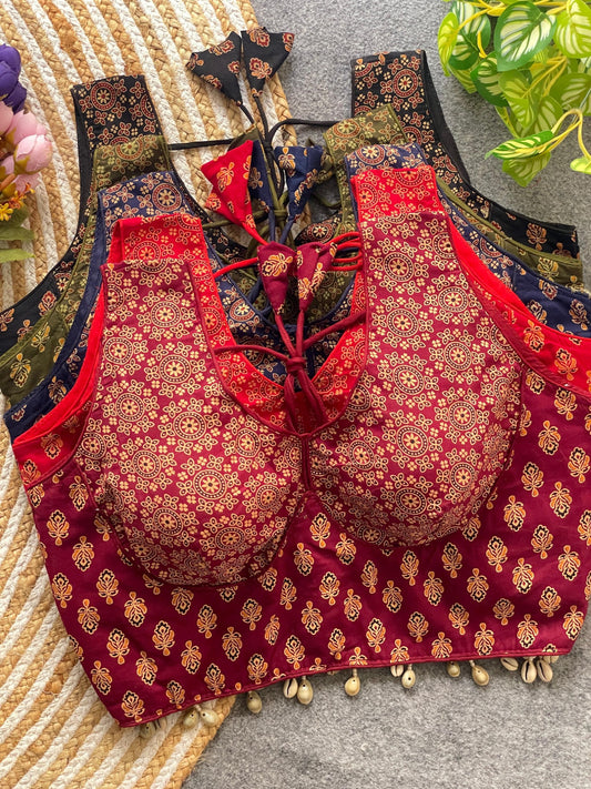 Deep V Neck Sleeveless Ajrakh Print Cotton Blouse with Kodi Work