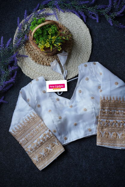 Readymade Long Sleeves V Neck Stitched Silk Embroidered Zari Work Blouse