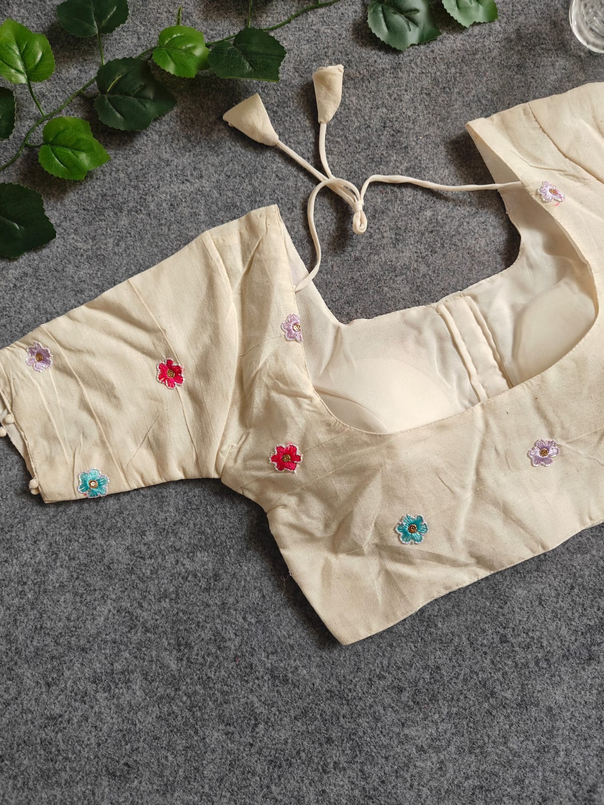 Pure Khadi Cotton Short Sleeve Embroidered Blouse – Front Hook Style