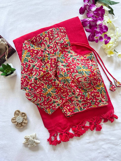 Original Khadi Cotton Saree with Readymade Long Sleeves Back Open Ajrakh Print Blouse