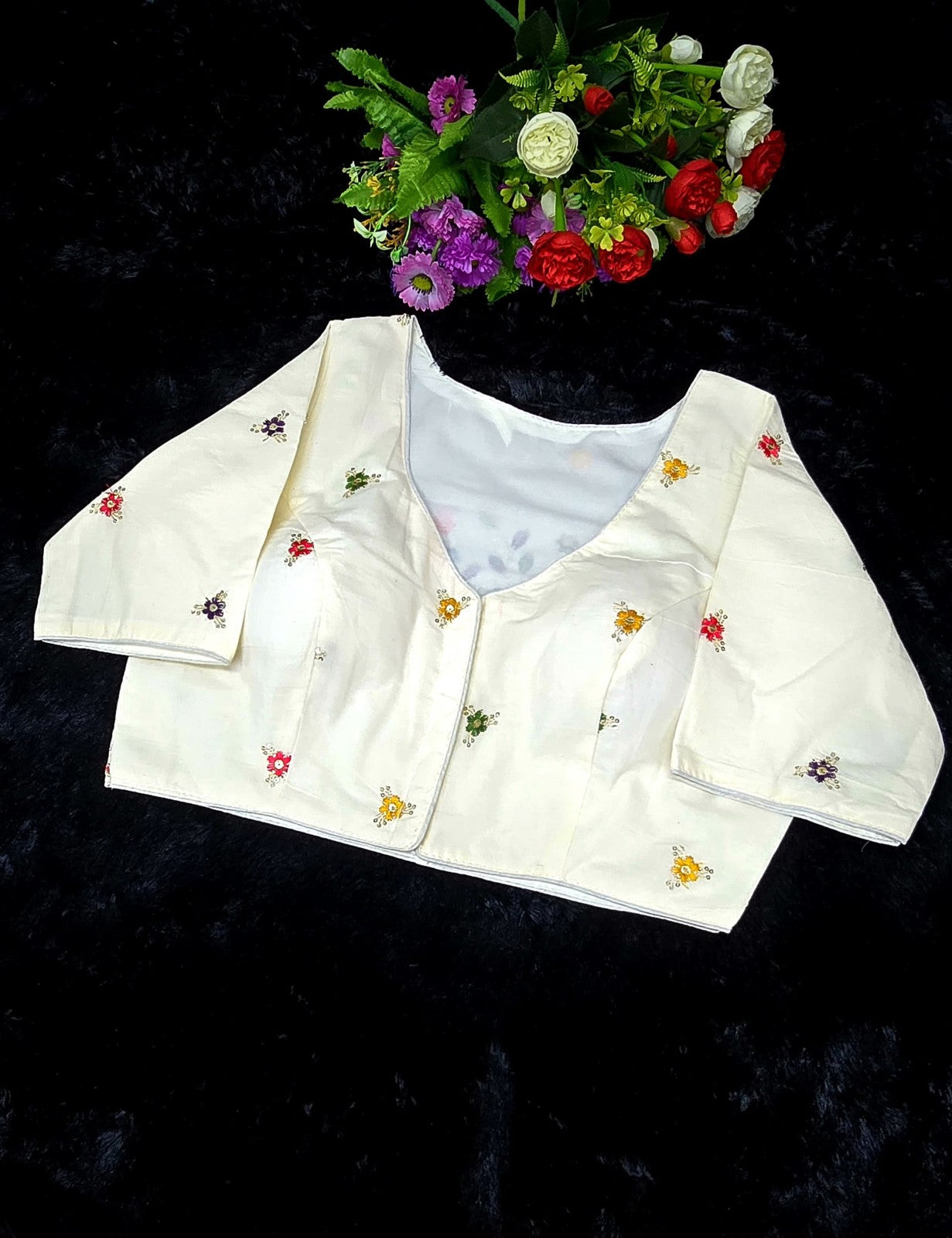 Pure Khadi Cotton Embroidered V Neck Blouse- Front Open Style