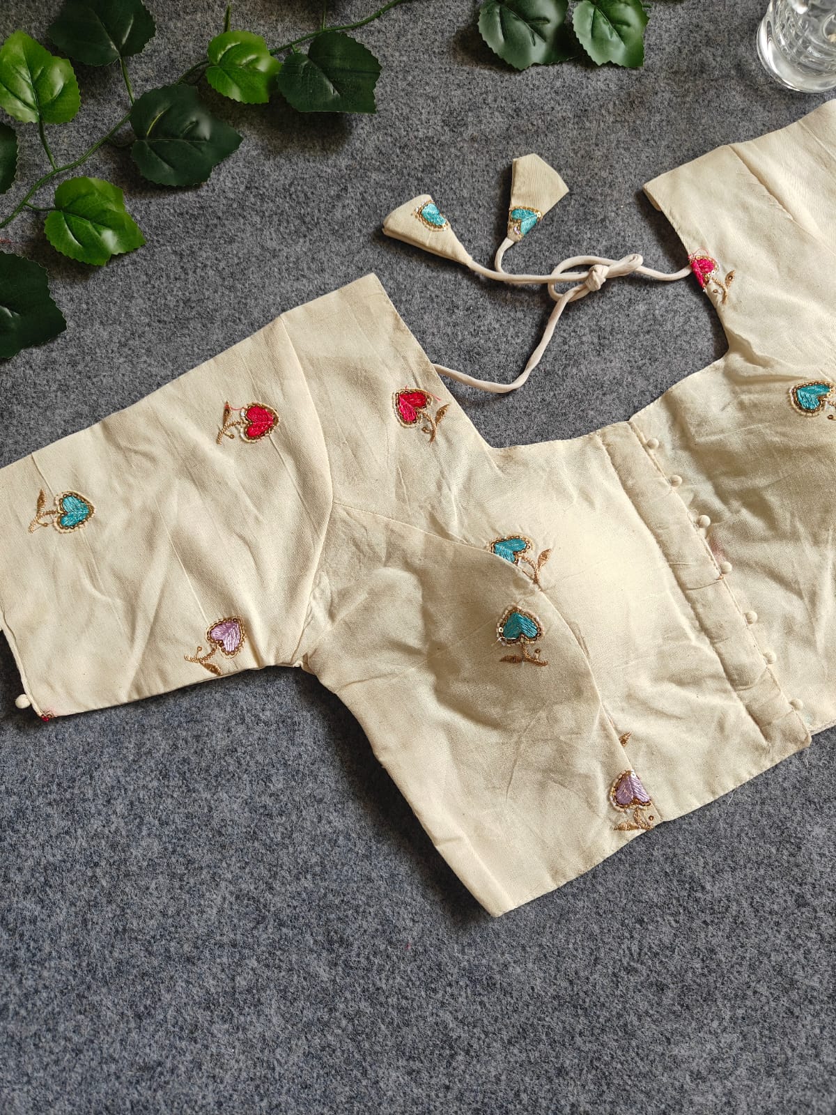 Pure Khadi Cotton Short Sleeve Embroidered Blouse – Front Hook Style