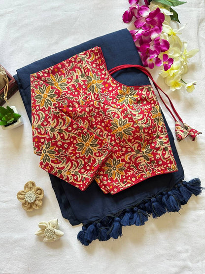 Original Khadi Cotton Saree with Readymade Long Sleeves Back Open Ajrakh Print Blouse