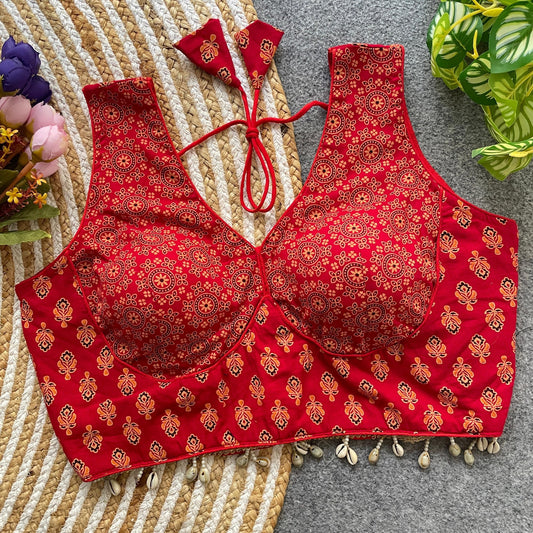 Deep V Neck Sleeveless Ajrakh Print Cotton Blouse with Kodi Work