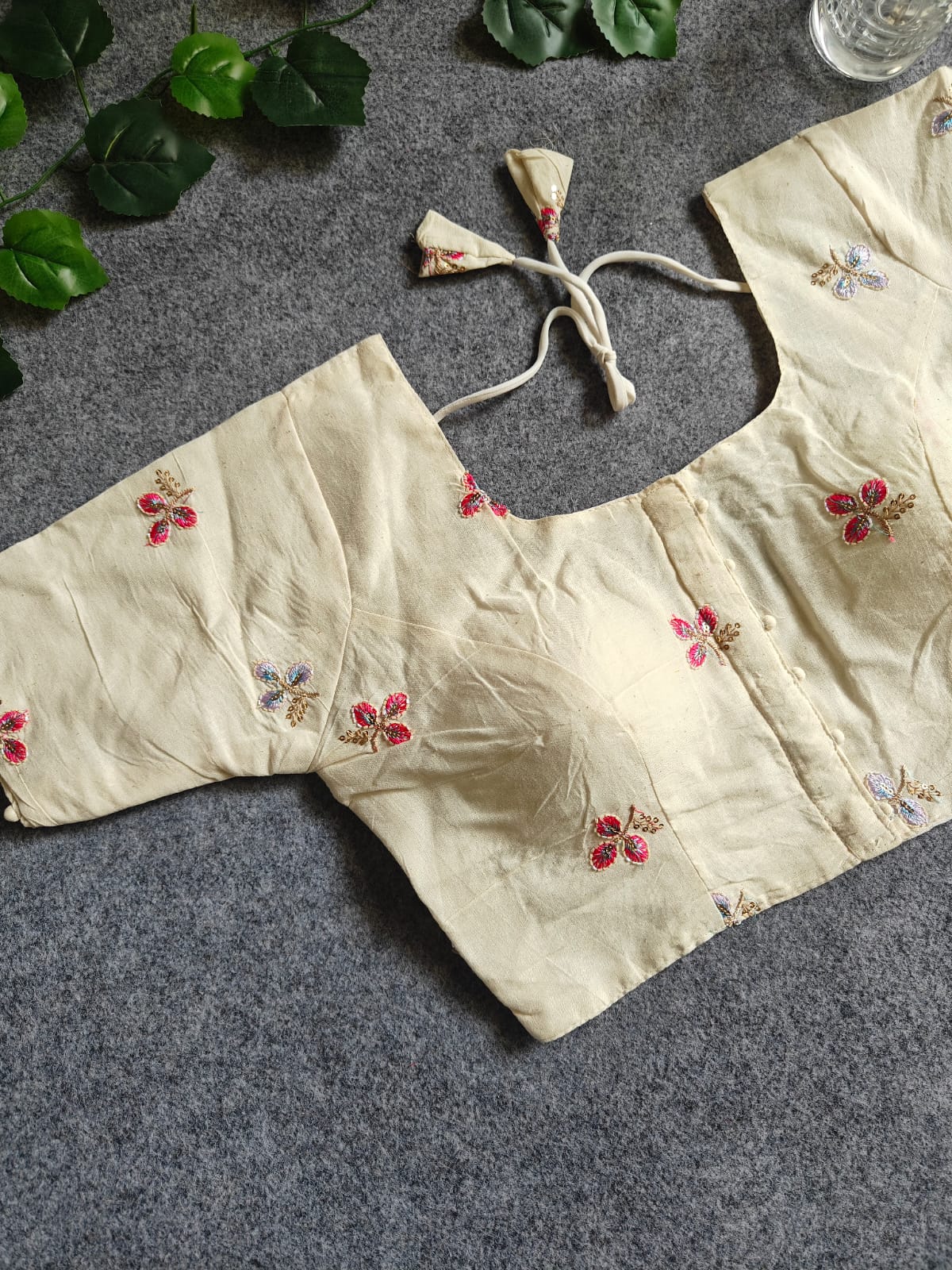 Pure Khadi Cotton Short Sleeve Embroidered Blouse – Front Hook Style