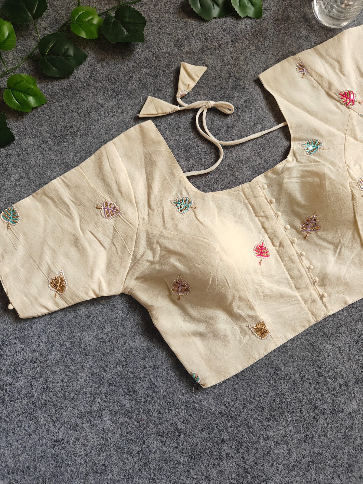 Pure Khadi Cotton Short Sleeve Embroidered Blouse – Front Hook Style