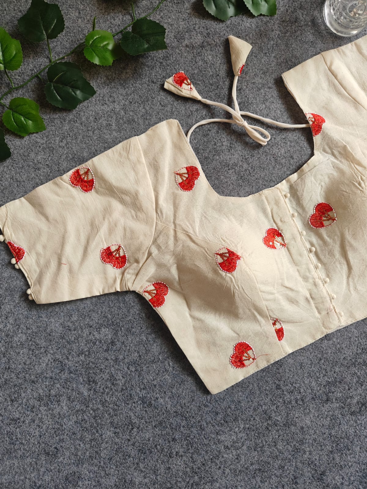 Pure Khadi Cotton Short Sleeve Embroidered Blouse – Front Hook Style