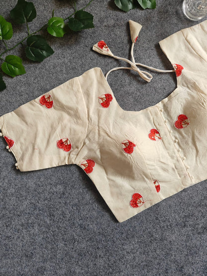 Pure Khadi Cotton Short Sleeve Embroidered Blouse – Front Hook Style