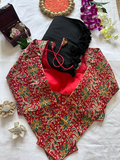 Original Khadi Cotton Saree with Readymade Long Sleeves Back Open Ajrakh Print Blouse