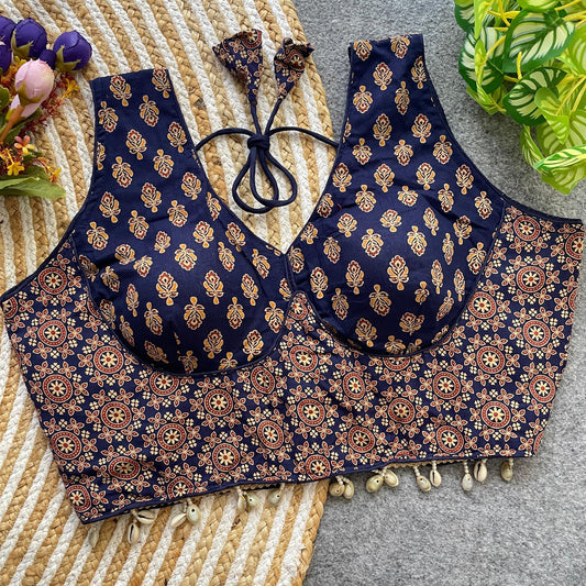 Ajrakh Print Cotton Blouse with Kodi Work – Back Hook & Dori Tie-Up