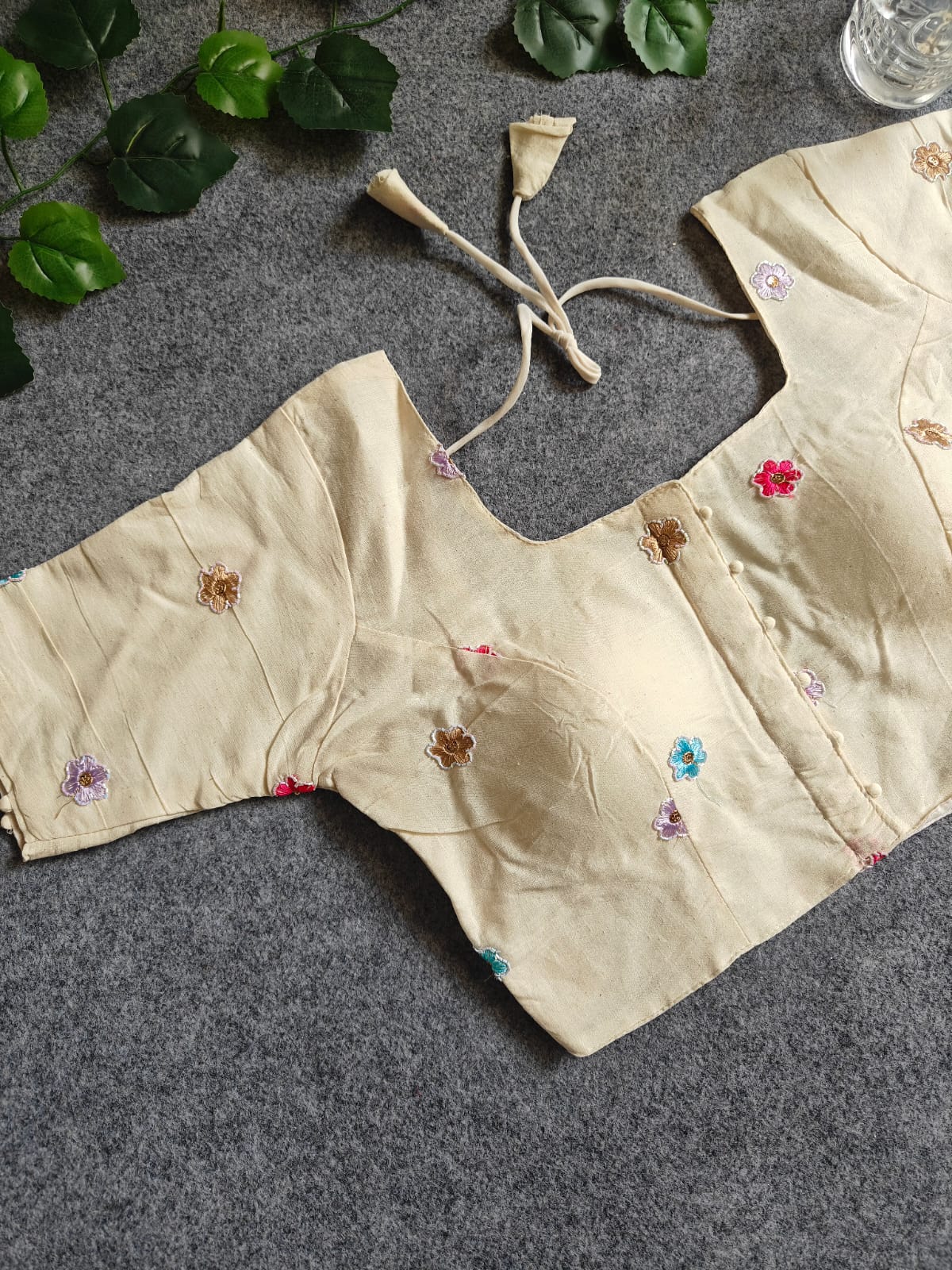 Pure Khadi Cotton Short Sleeve Embroidered Blouse – Front Hook Style