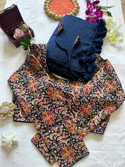 Original Khadi Cotton Saree with Readymade Long Sleeves Back Open Ajrakh Print Blouse