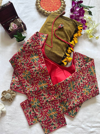 Original Khadi Cotton Saree with Readymade Long Sleeves Back Open Ajrakh Print Blouse
