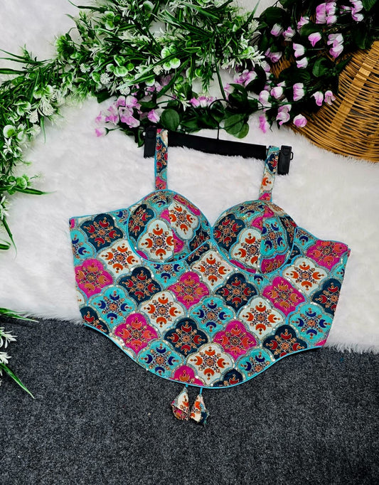 Crepe Viscose Position Print With Embroidered Work Sleeveless Blouse Sweetheart Neck Top Tunic