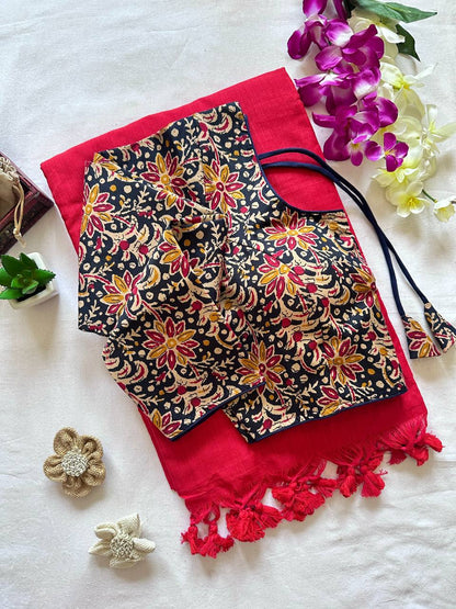 Original Khadi Cotton Saree with Readymade Long Sleeves Back Open Ajrakh Print Blouse