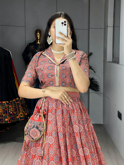 Ajrakh Printed Pure Silk Crape Lehenga Set with Potli Purse