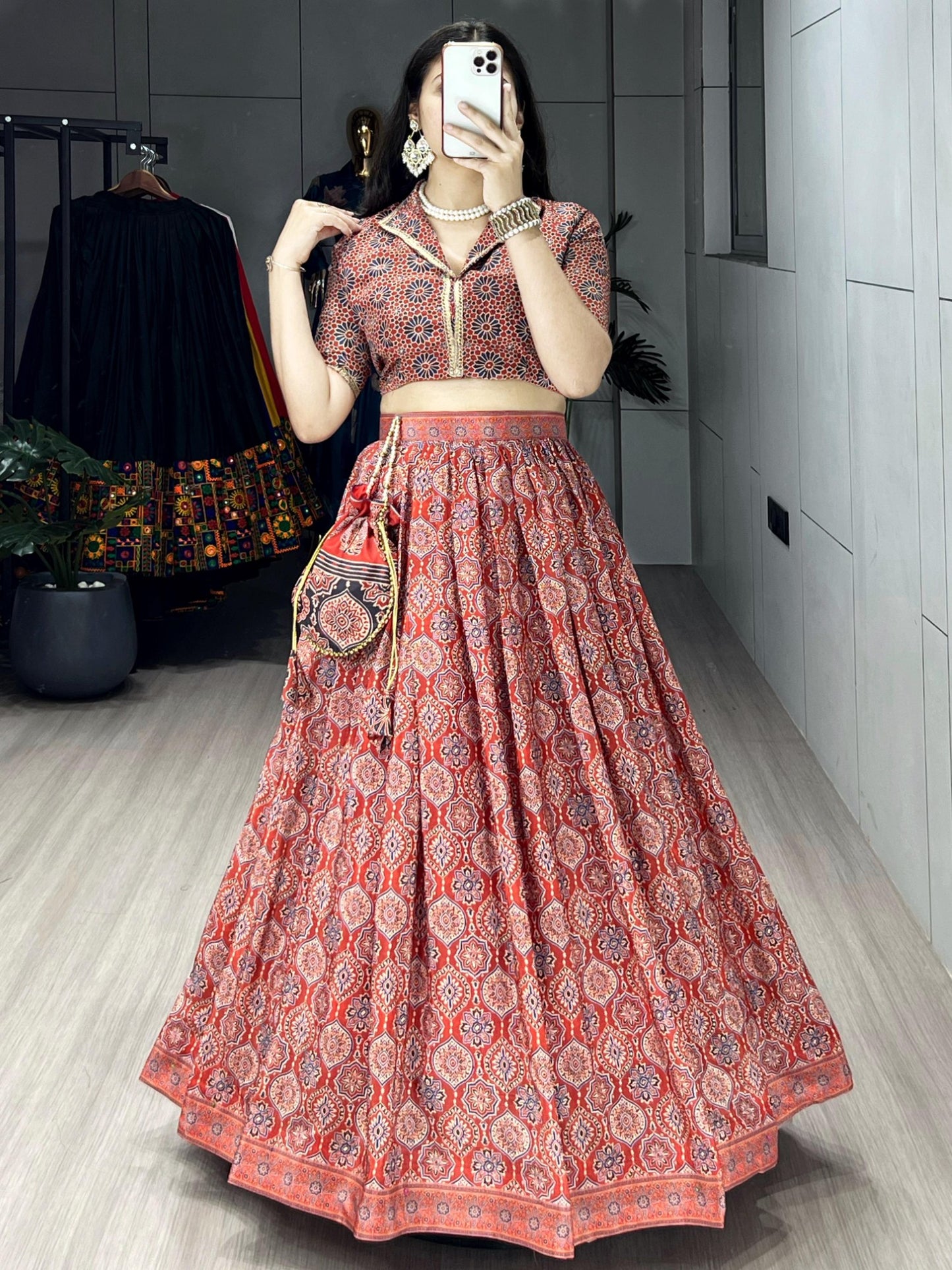 Ajrakh Printed Pure Silk Crape Lehenga Set with Potli Purse