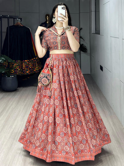 Ajrakh Printed Pure Silk Crape Lehenga Set with Potli Purse