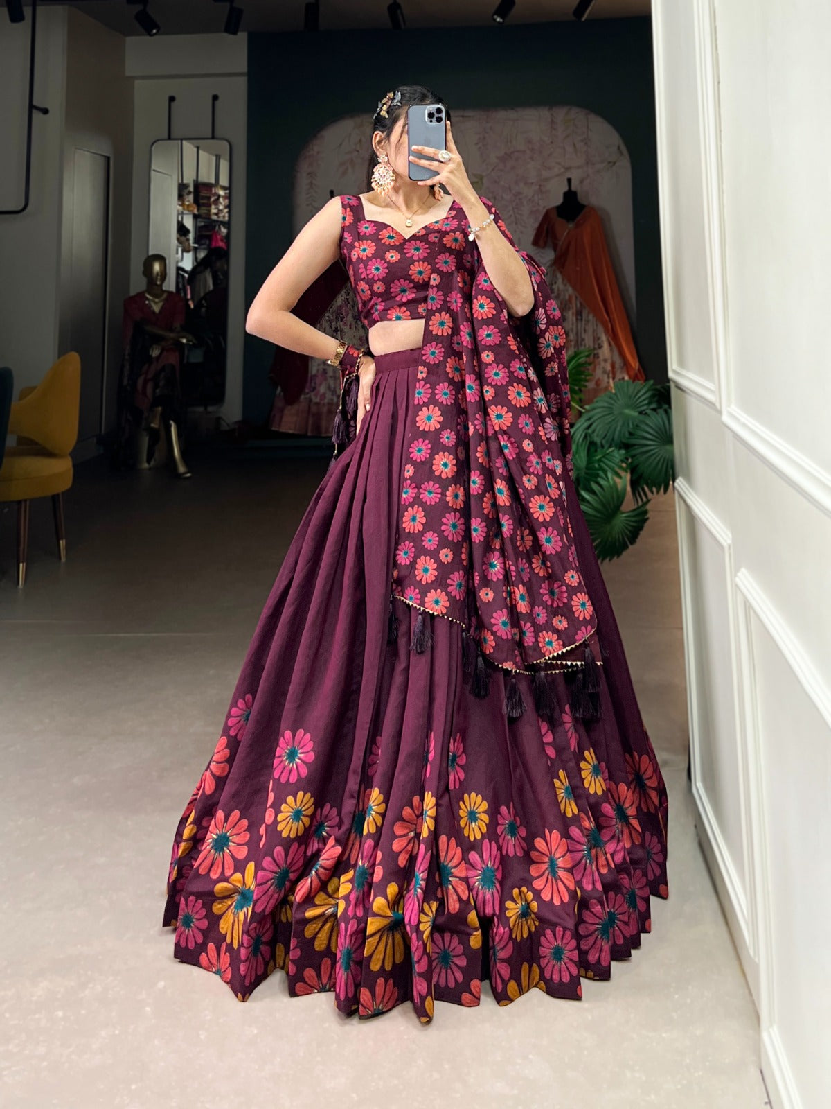 Stitched Tasar Silk Lehenga Set with Printed Dupatta & Unstitched Blouse