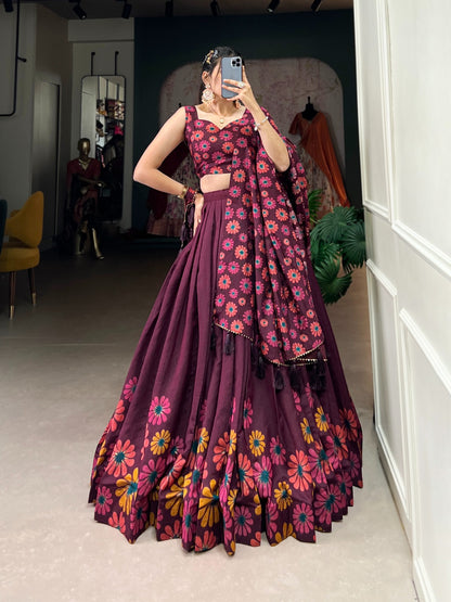Stitched Tasar Silk Lehenga Set with Printed Dupatta & Unstitched Blouse