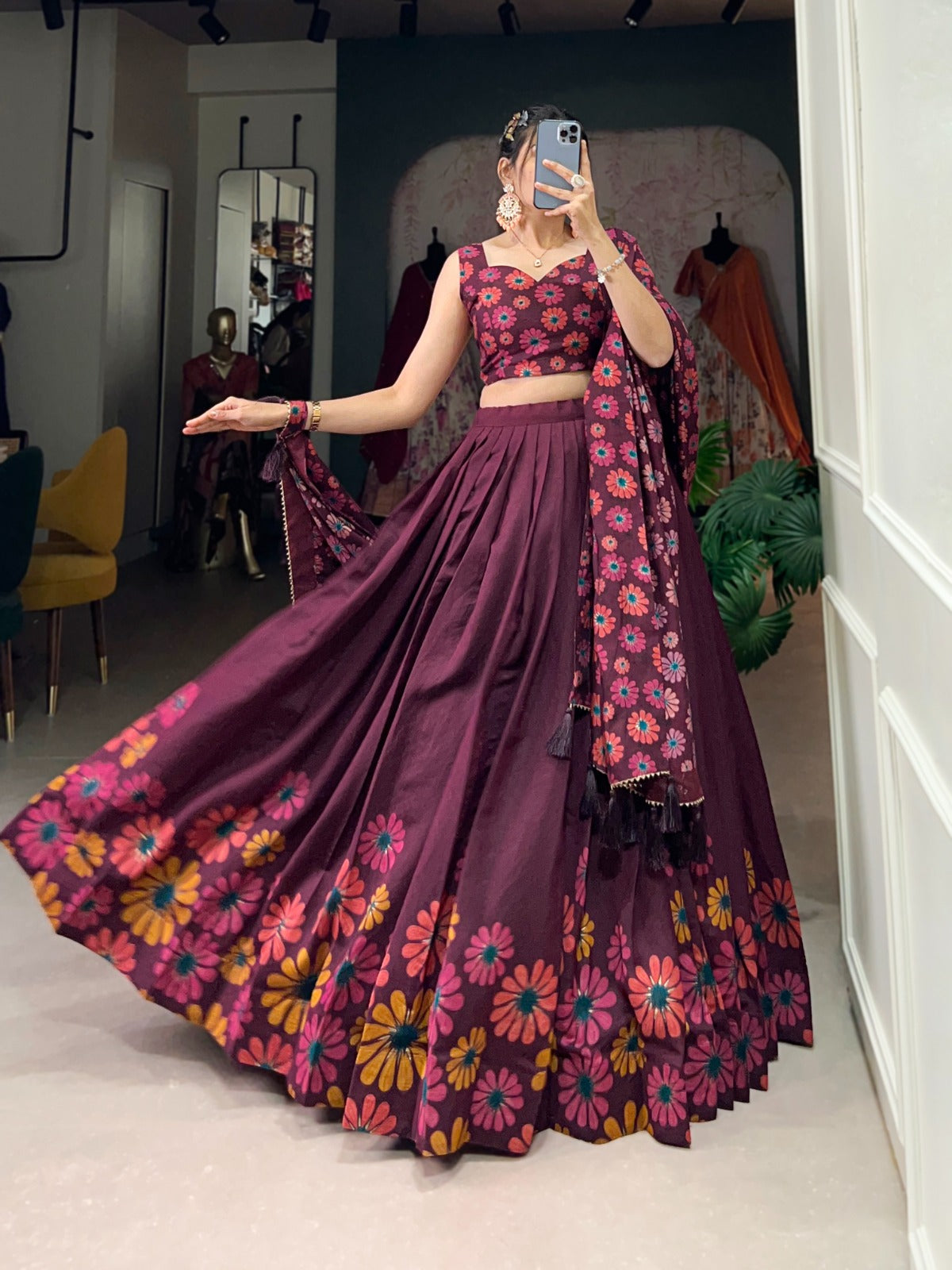 Stitched Tasar Silk Lehenga Set with Printed Dupatta & Unstitched Blouse