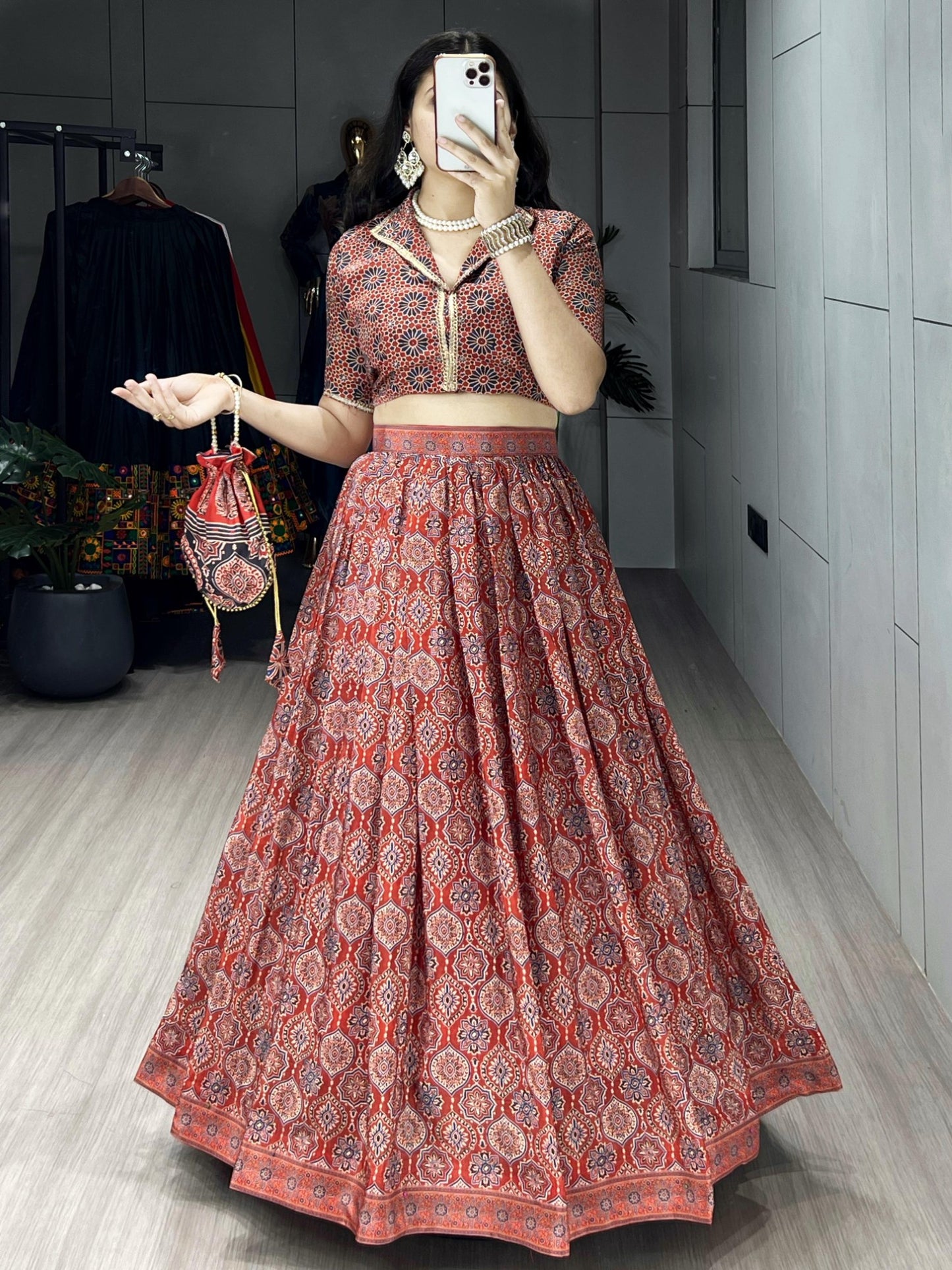 Ajrakh Printed Pure Silk Crape Lehenga Set with Potli Purse