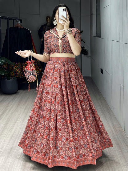 Ajrakh Printed Pure Silk Crape Lehenga Set with Potli Purse