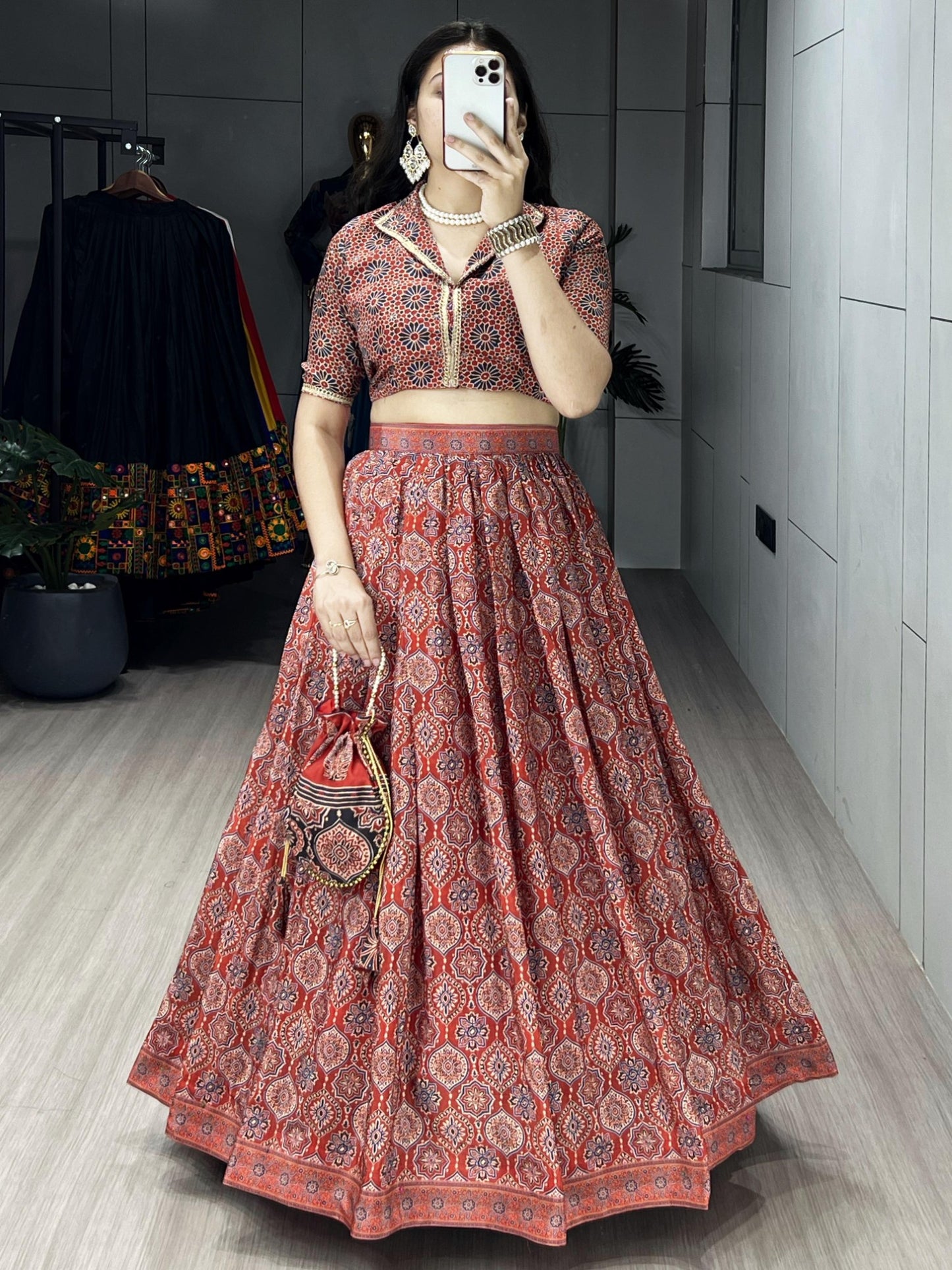 Ajrakh Printed Pure Silk Crape Lehenga Set with Potli Purse