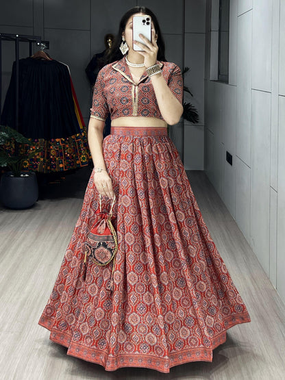 Ajrakh Printed Pure Silk Crape Lehenga Set with Potli Purse