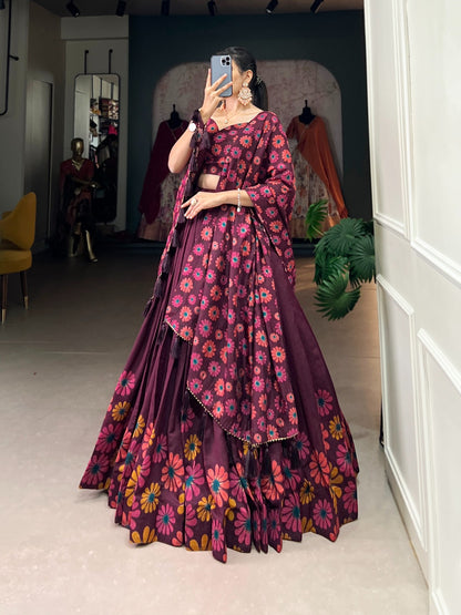 Stitched Tasar Silk Lehenga Set with Printed Dupatta & Unstitched Blouse