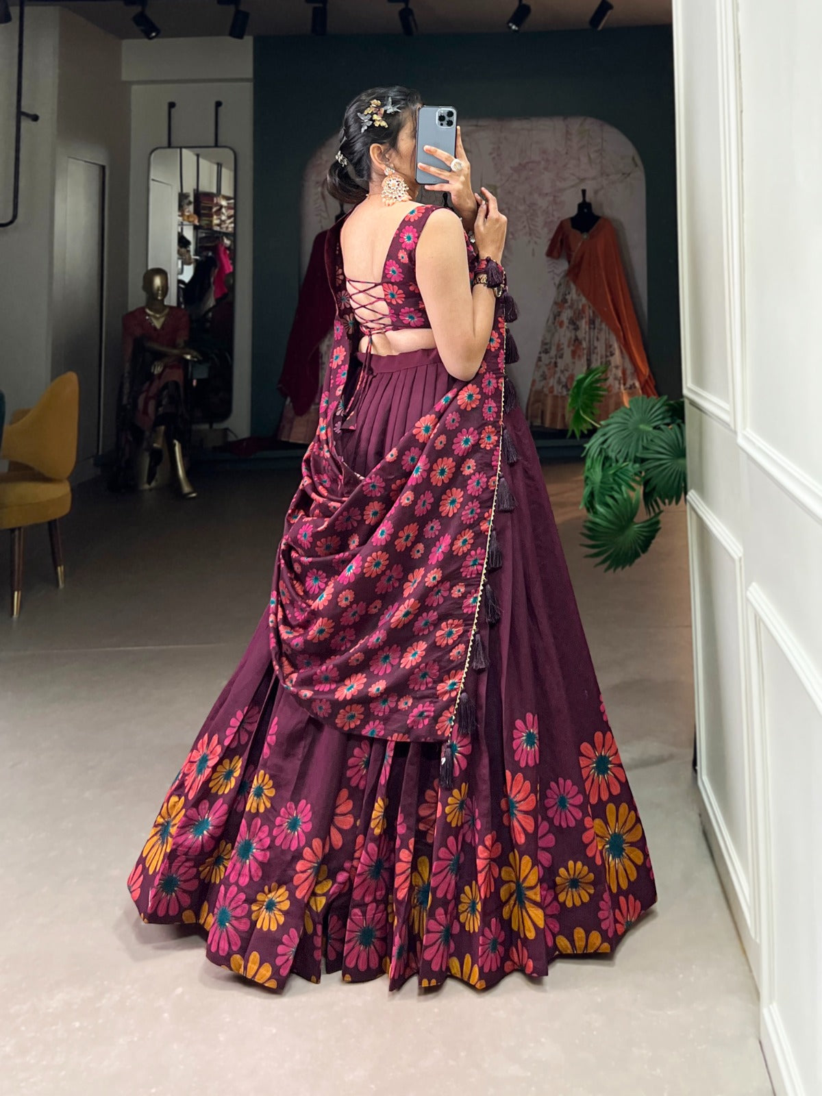 Stitched Tasar Silk Lehenga Set with Printed Dupatta & Unstitched Blouse