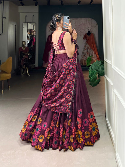Stitched Tasar Silk Lehenga Set with Printed Dupatta & Unstitched Blouse