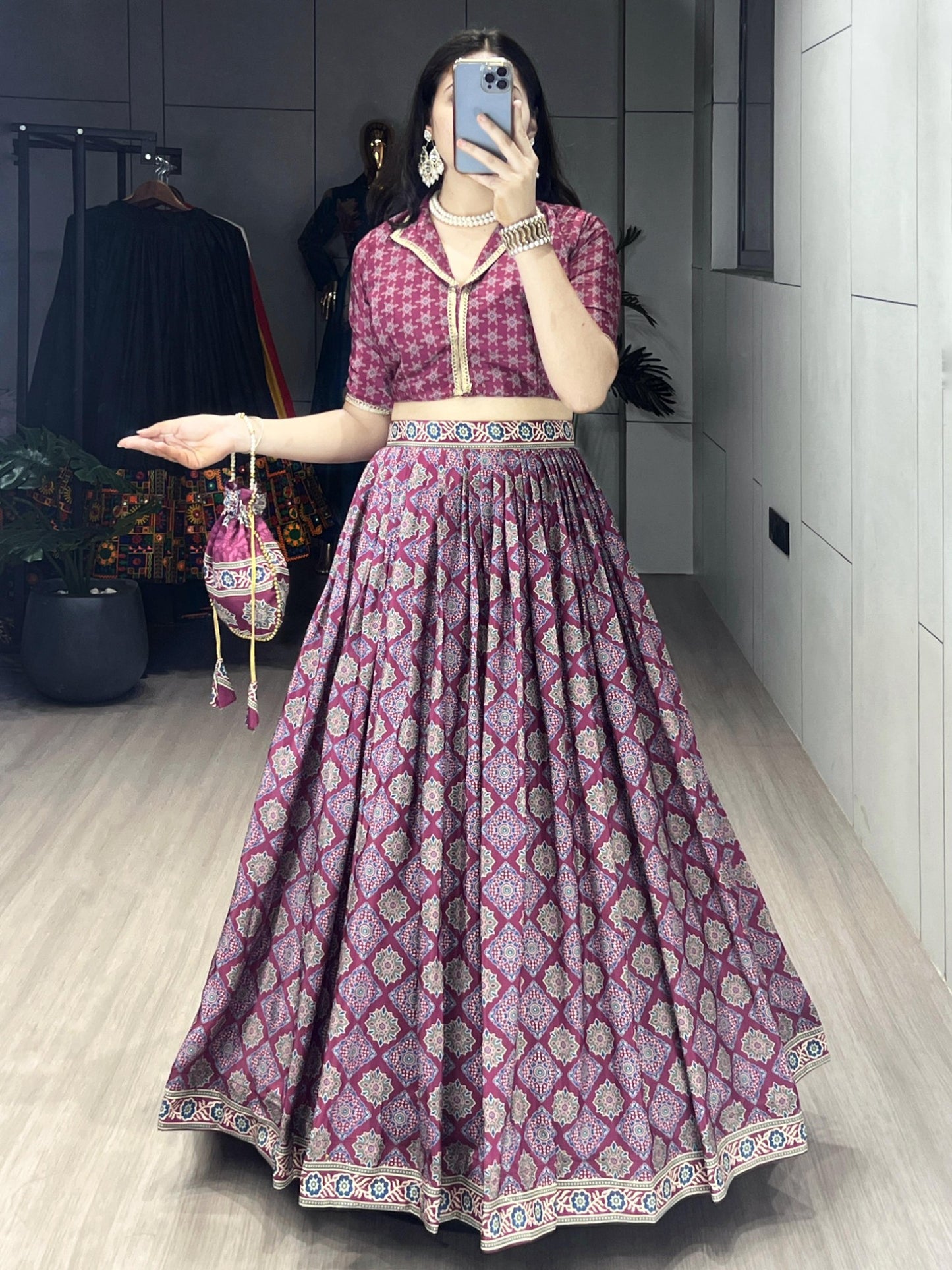 Ajrakh Printed Pure Silk Crape Lehenga Set with Potli Purse