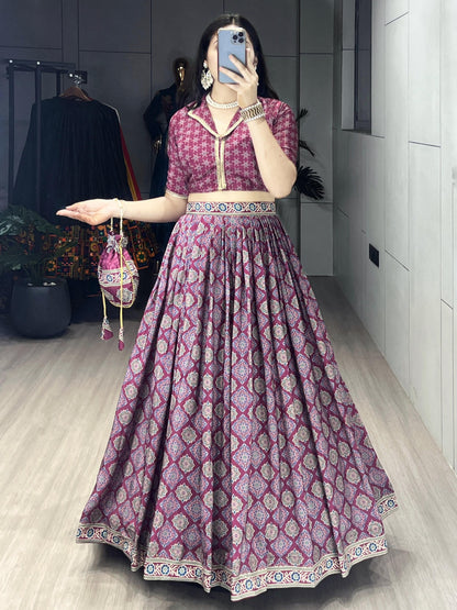 Ajrakh Printed Pure Silk Crape Lehenga Set with Potli Purse