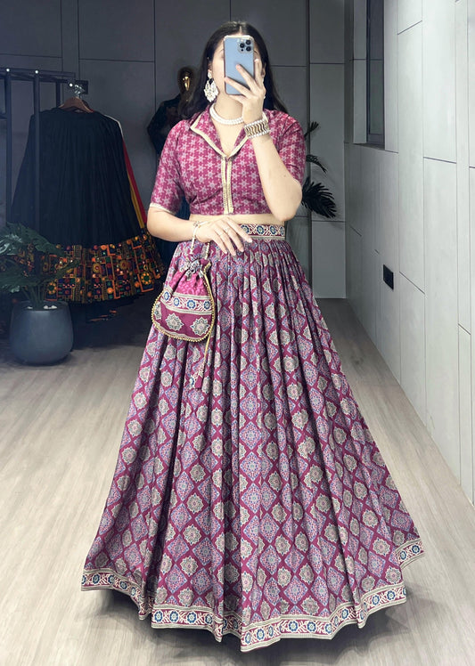 Ajrakh Printed Pure Silk Crape Lehenga Set with Potli Purse