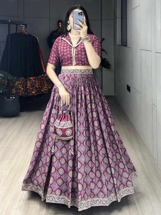 Ajrakh Printed Pure Silk Crape Lehenga Set with Potli Purse