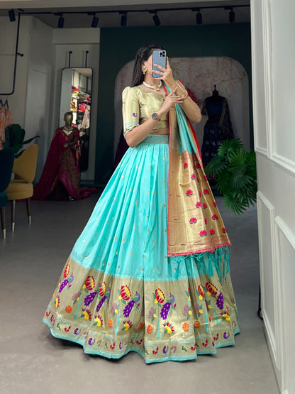 Traditional Jacquard Paithani Lehenga Set with Zari Work & Tassels – With Batwa
